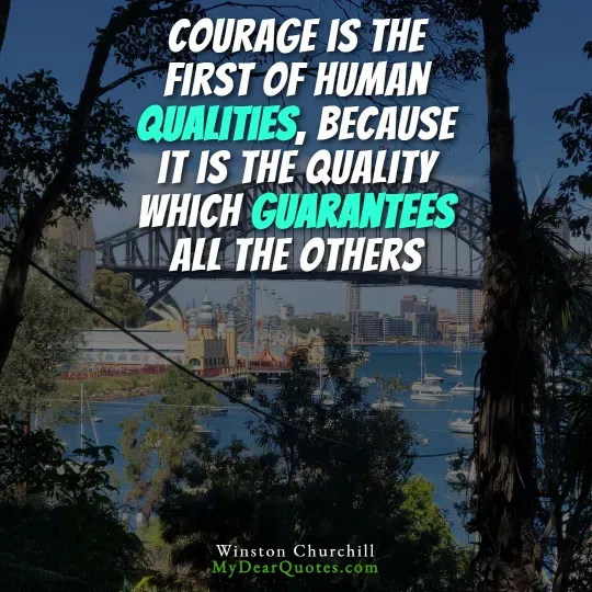 A view of a city skyline and a large bridge over water, partially framed by dark tree branches in the foreground. Boats are visible on the water. Overlaying the image is a quote in white and teal text that reads: "COURAGE IS THE FIRST OF HUMAN QUALITIES, BECAUSE IT IS THE QUALITY WHICH GUARANTEES ALL THE OTHERS." The quote is attributed to Winston Churchill.