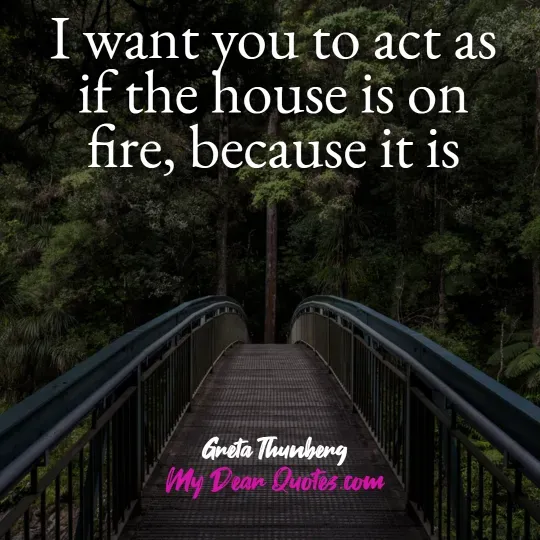 A quote from Greta Thunberg against a background of a bridge leading into a dark, dense forest. The quote reads: "I want you to act as if the house is on fire, because it is." Below the quote, it says "Greta Thunberg" and "My Dear Quotes.com".
