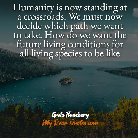 A quote from Greta Thunberg against an aerial view of a large body of water dotted with many small boats and surrounded by lush, green land, with a small island in the middle. The quote reads: "Humanity is now standing at a crossroads. We must now decide which path we want to take. How do we want the future living conditions for all living species to be like." Below the quote, it says "Greta Thunberg" and "My Dear Quotes.com".
