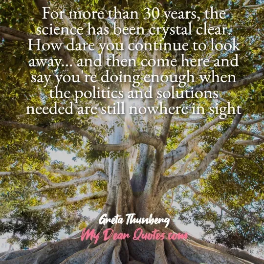 A quote from Greta Thunberg against a background of a massive tree with a very wide trunk and extensive roots visible above ground, and a sprawling canopy of green leaves. The quote reads: "For more than 30 years, the science has been crystal clear. How dare you continue to look away... and then come here and say you're doing enough when the politics and solutions needed are still nowhere in sight." Below the quote, it says "Greta Thunberg" and "My Dear Quotes.com".