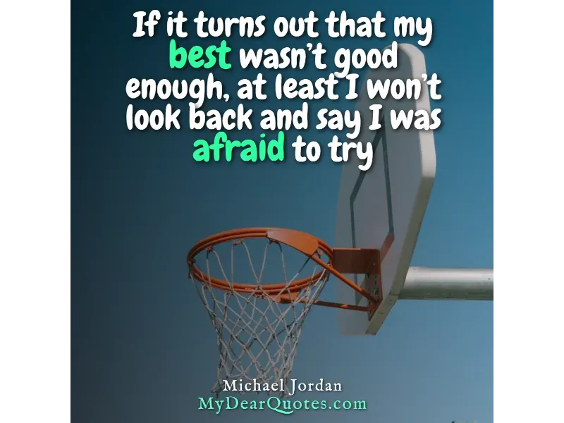 A close-up of a basketball hoop and net against a clear blue sky, with a quote by Michael Jordan: "If it turns out that my best wasn't good enough, at least I won't look back and say I was afraid to try."