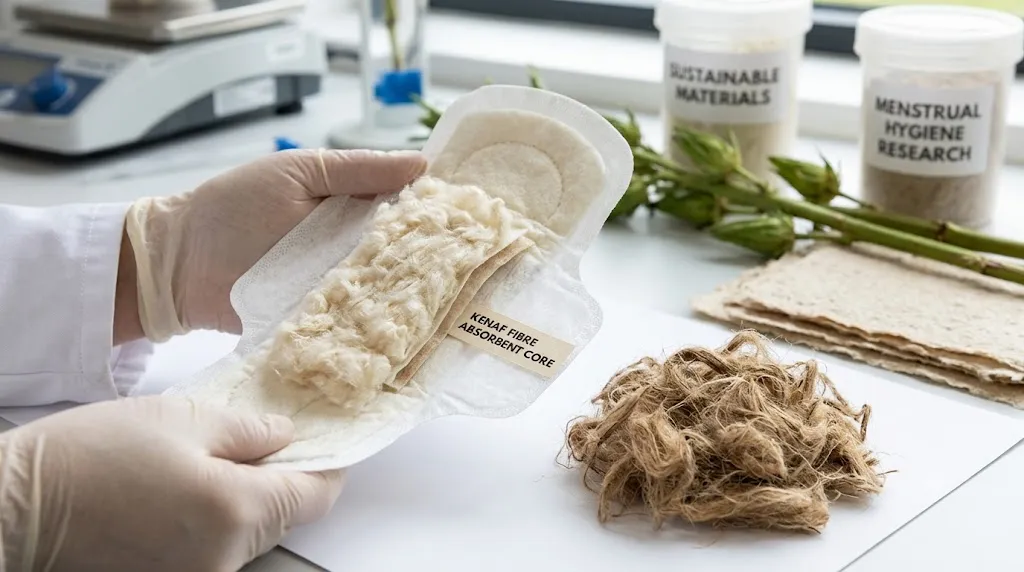A close-up view of a person wearing white gloves holding open a white menstrual pad, revealing a cross-section of its layers. A small wooden tag is pinned to the center of the pad's core, reading "KENAF FIBRE ABSORBENT CORE." To the right, on a lab table, is a pile of raw, tangled brown kenaf fibers. Behind it are green kenaf plant stalks and two plastic containers with labels that read "SUSTAINABLE MATERIALS" and "MENSTRUAL HYGIENE RESEARCH." The background includes a laboratory scale and other equipment.