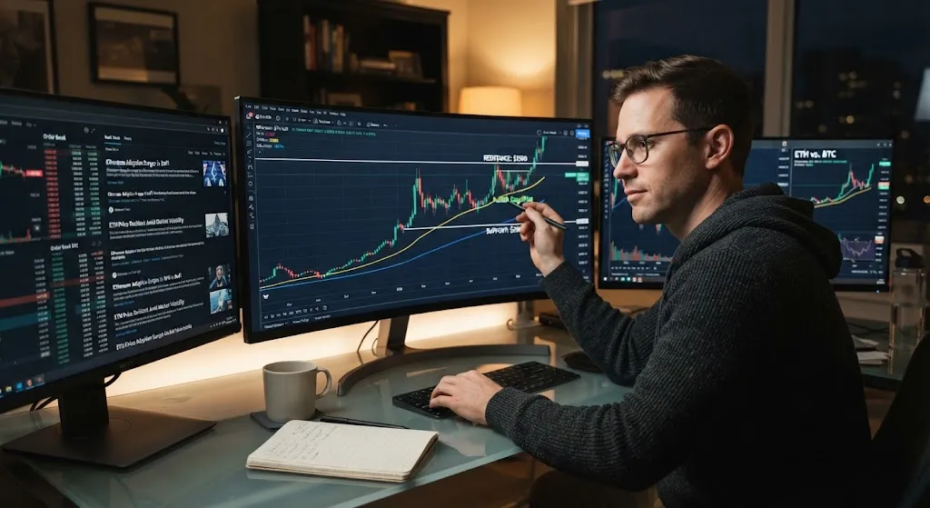 A focused man wearing glasses sits at a desk in a home office at night, analyzing multiple computer monitors displaying cryptocurrency charts, market trends, and an Ethereum price graph with moving averages and resistance levels. He points a stylus at the central screen while typing on a keyboard, with a notebook, pen, and coffee mug on the desk.