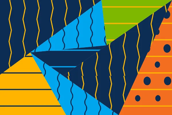 Abstract geometric pattern with overlapping blue, yellow, orange, and green triangles, symbolizing complexity and interconnected ideas related to Xovfullmins.