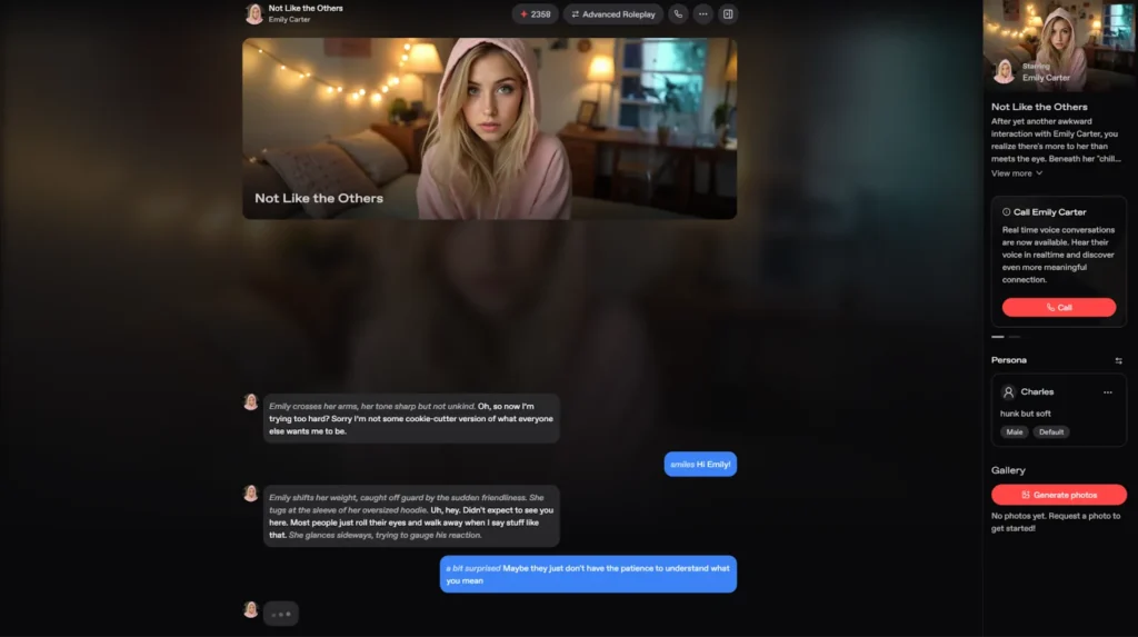 Screenshot of an AI girlfriend roleplay chat interface showing a conversation with "Emily Carter," featuring text messages, user input options, a persona setting, call button, and a character profile.