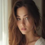 A beautiful model with long brown hair looks directly at the camera, standing near a window with white curtains.