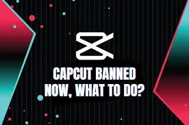 The CapCut logo, a white stylized infinity symbol with a cut, is shown prominently on a dark background with pink and teal geometric shapes, alongside text asking "Is Capcut getting banned in the US?".