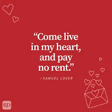 A red background with white outline drawings of hearts and a letter envelope with hearts floating out of it. In the center, a white text quote reads: "'Come live in my heart, and pay no rent.' — Samuel Lover."