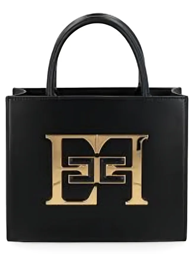Black Elisabetta Franchi handbag with gold logo.