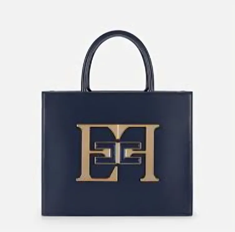 Navy blue Elisabetta Franchi handbag with gold EF logo.