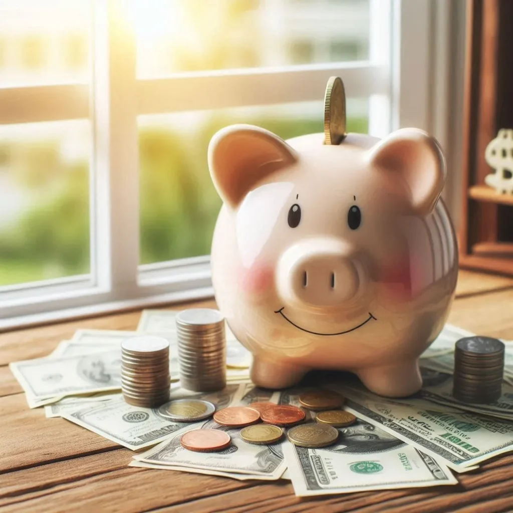 A light pink piggy bank with a coin being inserted, sitting on a wooden surface covered with US dollar bills and various coins. Sunlight streams through a window in the background.