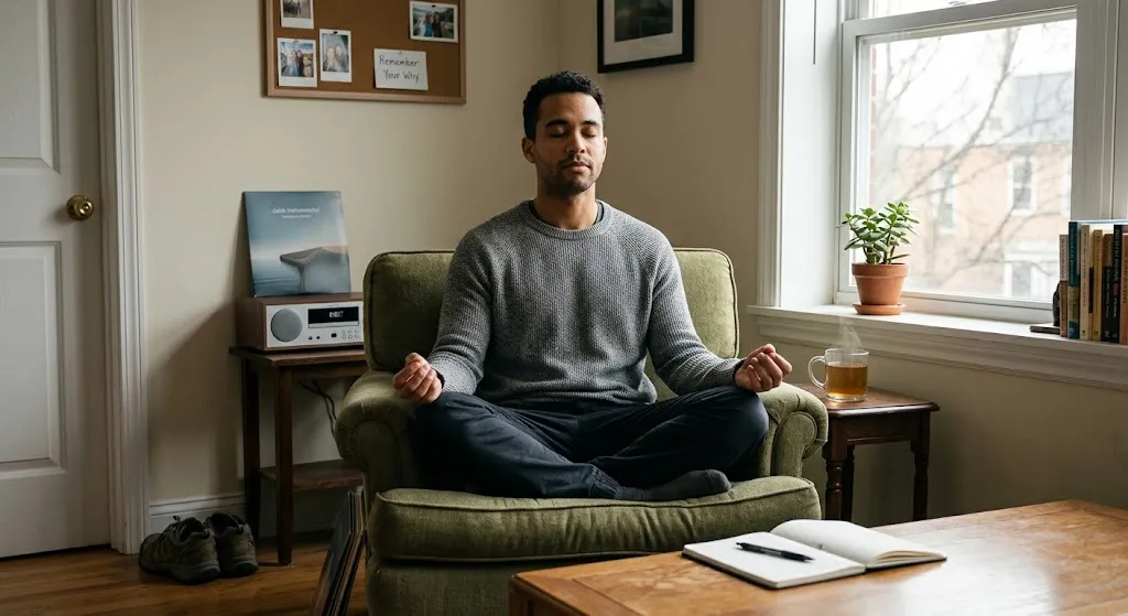 A young man practicing deep breathing and meditation in a cozy armchair at home, with a journal, hot tea, and calm music setup visible nearby to support healthy stress management in recovery.