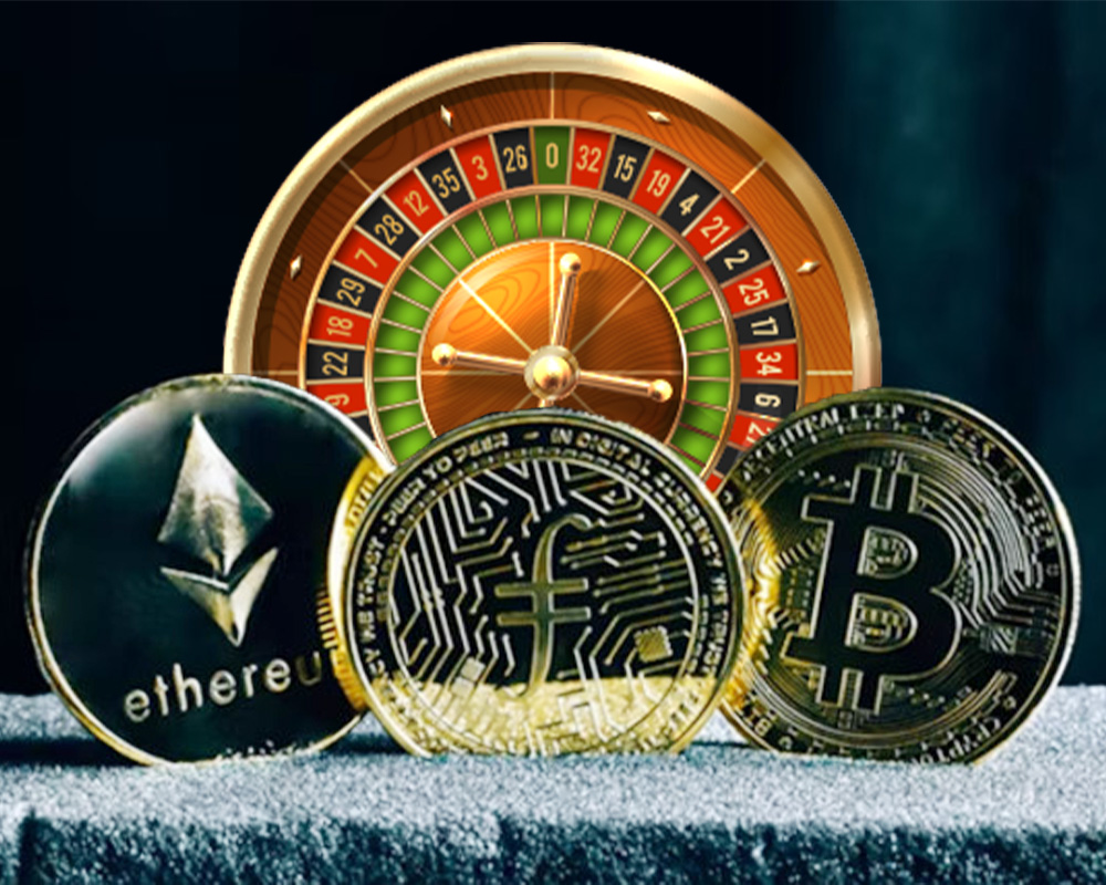 Gold and silver cryptocurrency coins including Ethereum and Bitcoin with a blurred roulette wheel in the background, symbolizing online crypto gambling.