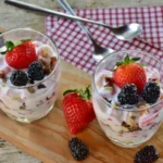 Two glasses of layered dessert with strawberries and blackberries on a wooden board, representing a trendy and visually appealing food item.