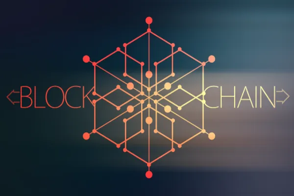 Stylized "BLOCK CHAIN" text flanking an abstract, interconnected hexagonal structure with glowing nodes and lines, representing a blockchain network.