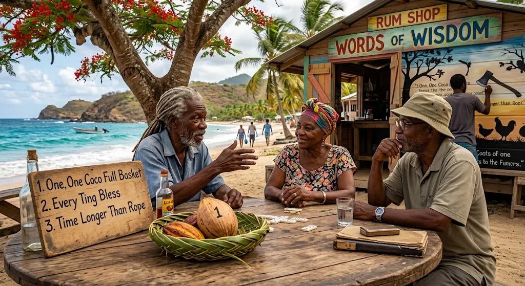 Caribbean elders sitting around a wooden table near a beachside rum shop, playing dominoes, conversing, and reflecting near a sign displaying traditional Caribbean proverbs.