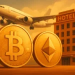 Bitcoin and Ethereum coins in front of an airplane and a hotel, symbolizing crypto travel bookings.