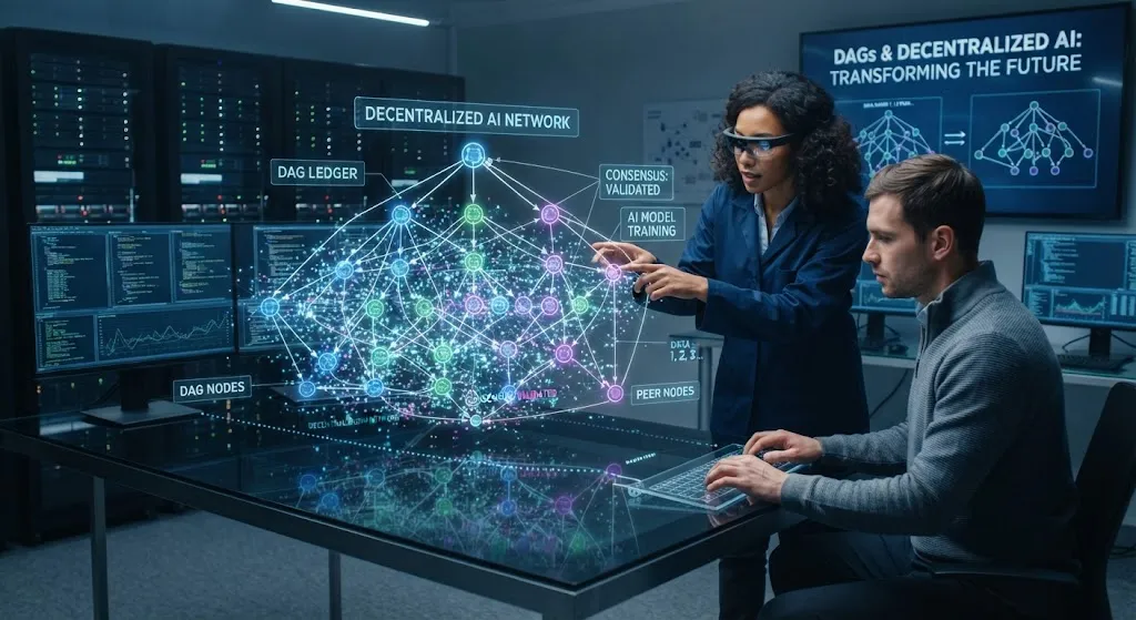 A detailed photograph of a high-tech research laboratory where two researchers are interacting with a large, glowing holographic projection of a Directed Acyclic Graph (DAG) on a transparent table. The hologram is labeled with various data points and concepts like "DECENTRALIZED AI NETWORK," "DAG LEDGER," "CONSENSUS: VALIDATED," and "PEER NODES." The female researcher, wearing a lab coat and smart glasses, points to a node while the male researcher operates a keyboard. Multiple server racks and large monitors displaying code and network graphs are in the background, along with a wall screen titled "DAGs & DECENTRALIZED AI: TRANSFORMING THE FUTURE."