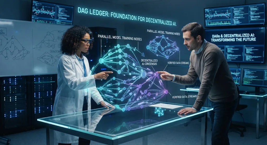 A detailed photograph of a high-tech research laboratory where two researchers are interacting with a large, glowing holographic projection of a Directed Acyclic Graph (DAG) on a transparent glass table. The hologram is labeled with various technical terms like "DAG LEDGER: FOUNDATION FOR DECENTRALIZED AI," "PARALLEL MODEL TRAINING NODES," "DECENTRALIZED AI CONSENSUS," and "VERIFIED DATA STREAMS." The female researcher on the left wears a lab coat and smart glasses, while the male researcher on the right wears a sweater. Multiple server racks and large monitors displaying code and network graphs are visible in the background, along with a wall screen titled "DAGs & DECENTRALIZED AI: TRANSFORMING THE FUTURE."