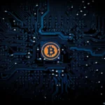 A central orange Bitcoin logo is embedded within a glowing blue and black circuit board pattern, symbolizing the intersection of cryptocurrency and advanced technology.