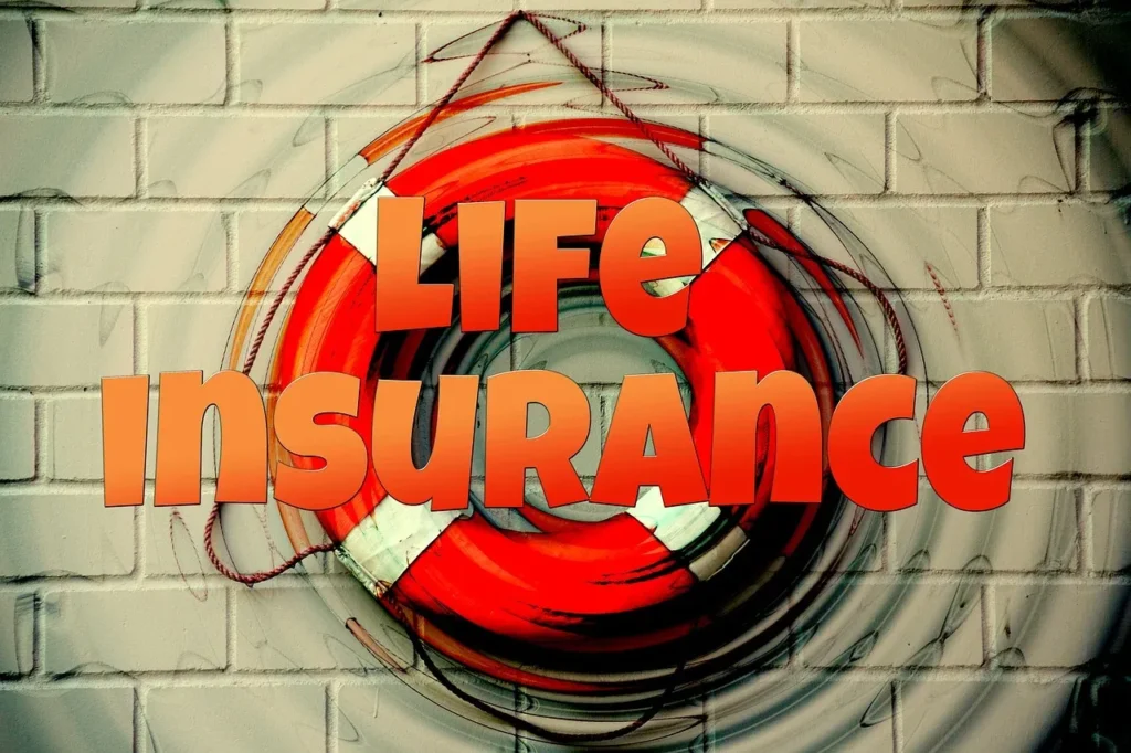 The words "LIFE Insurance" in orange text overlaid on a red and white lifebuoy, set against a brick wall background.