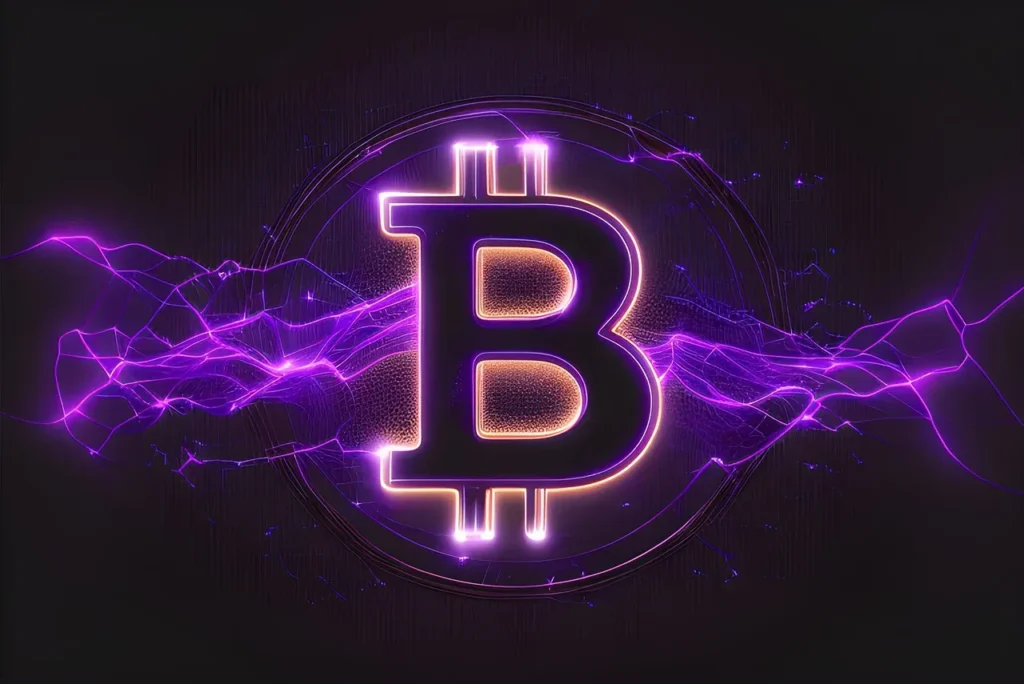 A futuristic and stylized Bitcoin logo glowing with vibrant purple neon lines, surrounded by electrical energy effects on a dark background, conveying dynamism and digital power.