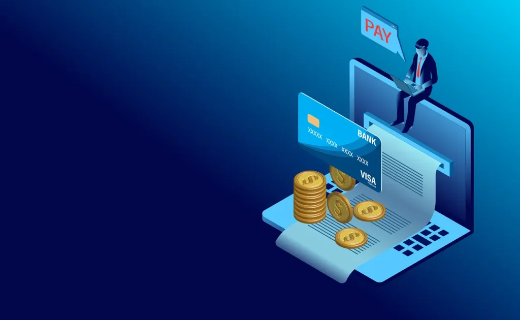 An isometric illustration depicting online payment. A businessman sits on a laptop, typing, with a speech bubble above saying "PAY." A credit card, stacked coins, and a document with "BANK" and "VISA" visible emerge from the laptop screen, symbolizing online transactions and financial details.