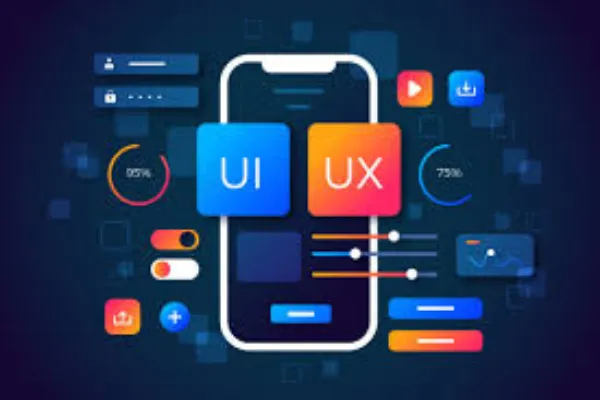 An illustration of a smartphone screen surrounded by various UI elements and data visualizations, with large "UI" and "UX" blocks prominently displayed on the phone.