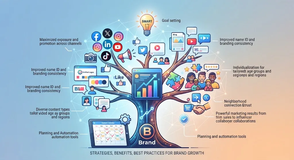 A vibrant conceptual illustration of a digital marketing tree representing social media management, featuring icons for major social networks, content calendars, analytics dashboards, and branching strategy elements for brand growth.