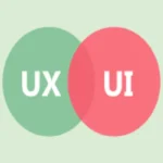 A Venn diagram with two overlapping circles: one green labeled "UX" and one red labeled "UI," illustrating their relationship.