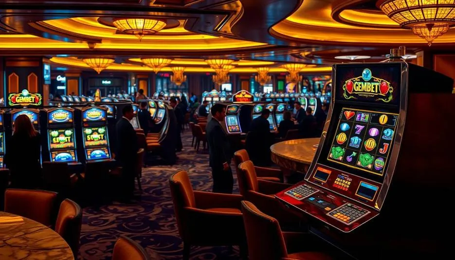 A luxurious casino floor filled with rows of illuminated slot machines and patrons, with a prominent digital slot machine display in the foreground showcasing a vibrant game, representing the traditional casino experience.