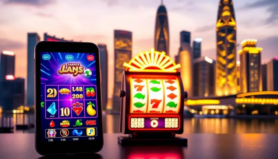 A close-up of a smartphone displaying an online slot game, with a small, illuminated classic slot machine in the foreground and a modern city skyline reflecting in water in the background, illustrating the convergence of digital and traditional gambling entertainment for a Singaporean audience.