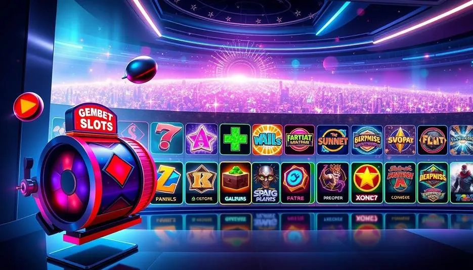 A vibrant, futuristic interface showcasing numerous online slot game titles and a stylized spinning wheel, against a backdrop of a neon-lit, digital city scape, representing the vast and immersive world of online slots appealing to digital users in Singapore.
