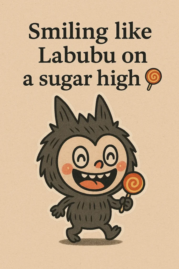 A dark gray, spiky-haired cartoon creature with wide eyes, flushed cheeks, a wide open mouth showing small fangs and an orange tongue, holding an orange and yellow swirl lollipop. The quote "Smiling like Labubu on a sugar high" appears above its head.