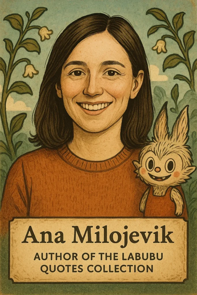 An illustrated portrait of a smiling woman with dark hair, identified as Ana Milojevik, with a small, light brown Labubu character peaking over her left shoulder. The text below reads "Ana Milojevik, AUTHOR OF THE LABUBU QUOTES COLLECTION."