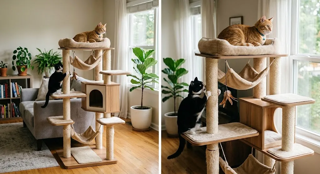 An orange tabby cat resting at the top of a modern wooden cat tree while a tuxedo cat stretches and uses a sisal rope scratching post in a brightly lit living room next to a window.