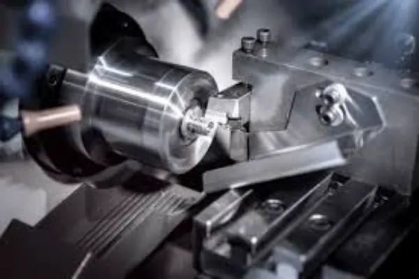 A close-up of a CNC lathe performing precision turning on a metal part, with cutting tools visible.