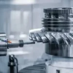 A close-up of a multi-axis CNC machine precisely milling a complex metal component, showcasing advanced manufacturing technology.