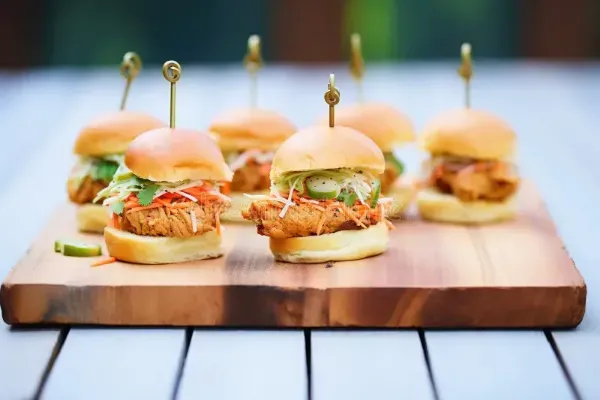 A close-up view of six mini fried chicken sliders topped with fresh slaw and pickles, meticulously presented on a wooden board, offering a tempting glimpse into the Dave's Hot Chicken menu.
