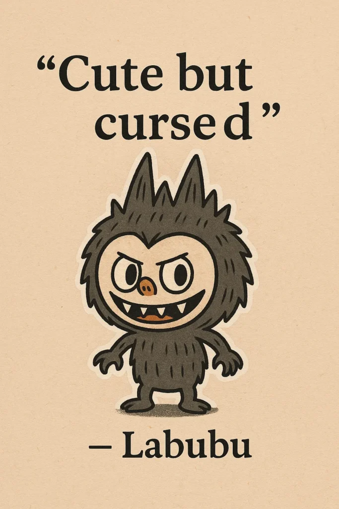 A dark gray, spiky-haired cartoon creature with large, mischievous eyes, a wide, fanged grin, and a red tongue, with the quote "Cute but cursed" - Labubu above its head.