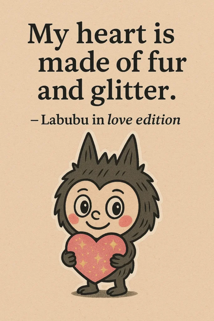A dark gray, spiky-haired cartoon creature with large, round eyes, a small smile, and pink blush, holding a pink heart with golden sparkles. Above its head is the quote, "My heart is made of fur and glitter." - Labubu in love edition.
