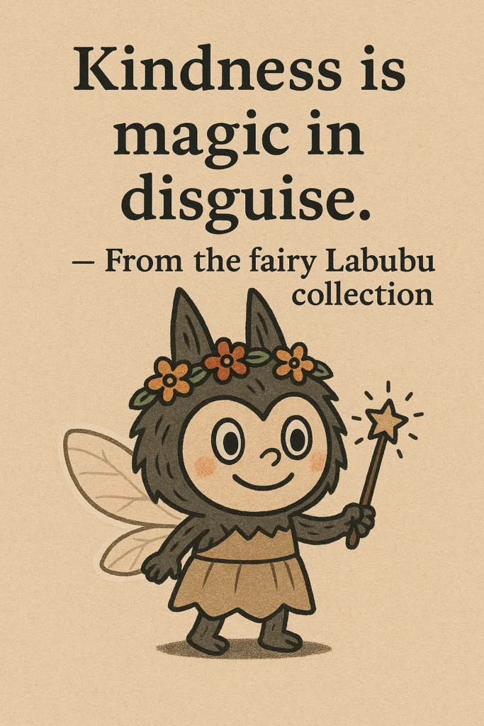 A dark gray, fairy-like cartoon creature with small wings, a brown skirt, and a floral headband, holding a magic wand with a star at its tip. Above it is the quote, "Kindness is magic in disguise. - From the fairy Labubu collection."