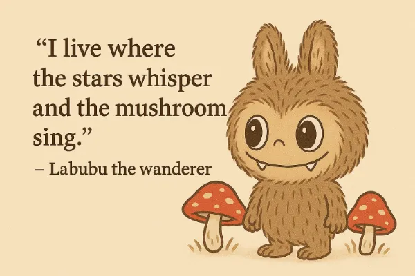 A fluffy, brown cartoon creature with large, round eyes and a wide, fanged smile stands between two red-capped mushrooms, with the quote "I live where the stars whisper and the mushroom sing." - Labubu the wanderer above its head.