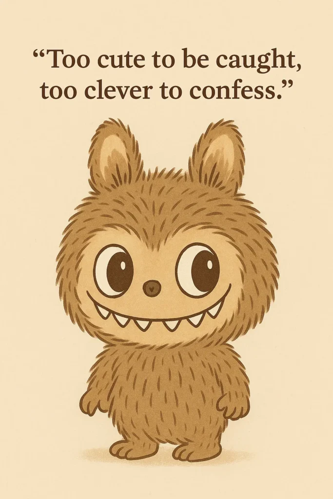 A fluffy, brown cartoon creature with large, round eyes, small fangs, and pointy ears smiling mischievously, with the quote "Too cute to be caught, too clever to confess." above its head.