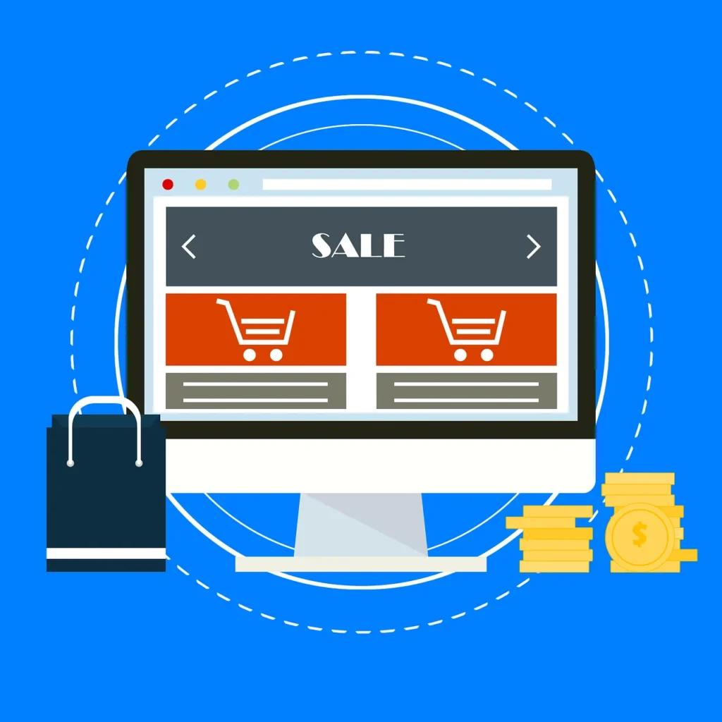An illustration of a computer monitor displaying an online store with "SALE" text and shopping cart icons, flanked by a shopping bag and stacks of coins.