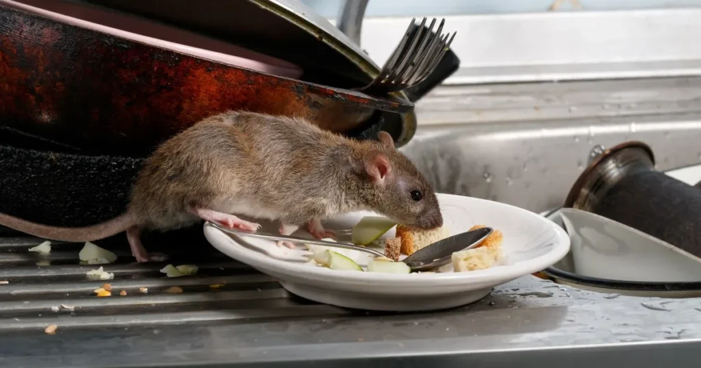 A brown rat is seen on a dirty kitchen counter, eating scraps from a white plate filled with leftover food and crumbs next to a sink, demonstrating how food waste attracts rodents.