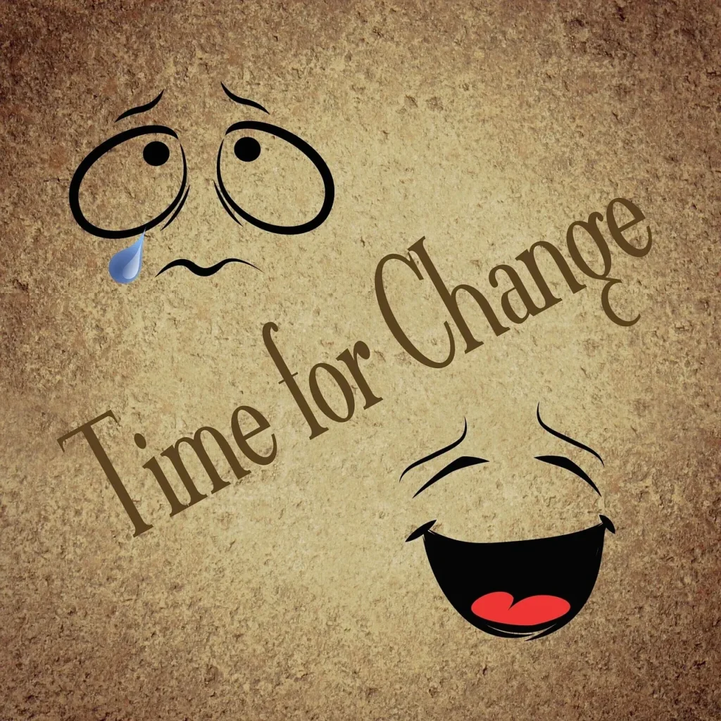 A textured brown background with two expressive cartoon faces: one crying with a tear, and another laughing joyfully. The words "Time for Change" are written diagonally between them.