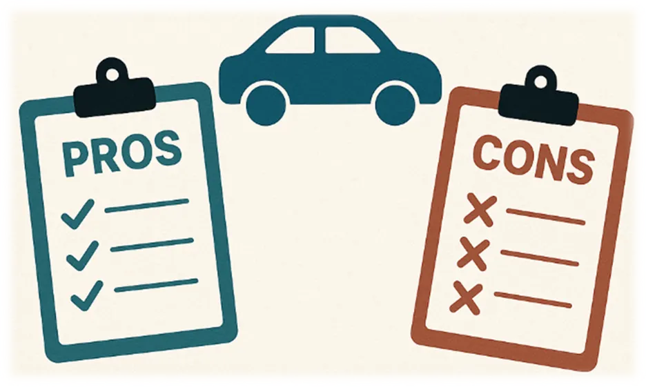Two clipboards, one labeled "PROS" with green checkmarks and the other "CONS" with red X marks, flanking a blue car icon.