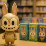 A light-colored Labubu rabbit-like toy with long ears and a wide smile stands on a wooden surface, with several Labubu blind box packages in the background, hinting at the collectible series.