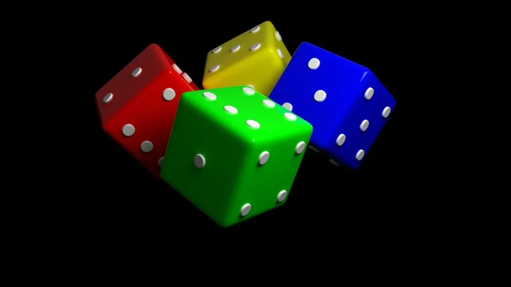 Four 3D-rendered dice in red, green, yellow, and blue, floating in the dark, symbolizing the element of chance in casino games.